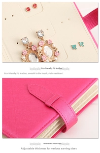 Detail of faux leather earring book with multi-hole pages and adjustable U-shaped buckle