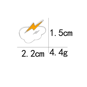 Cloud with lightning enamel pin detail showing dimensions 1.5cm by 2.2cm and 4.4g weight
