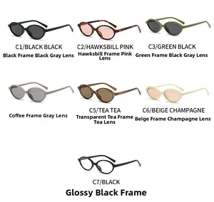 Detailed grid showing seven color variations of oval nerd style sunglasses in various hues