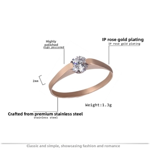 Detail showing 2mm wide rose gold plated stainless steel ring with a round zircon stone
