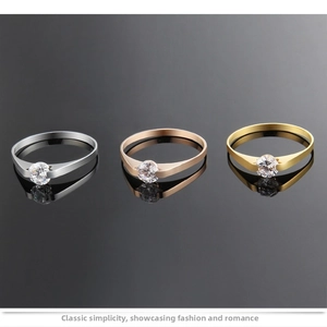 Detailed trio of solitaire rings in silver, rose gold, and gold finish with stones
