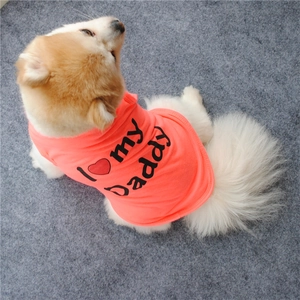 Detail of coral pink dog vest with I love my Daddy print on soft cotton fabric