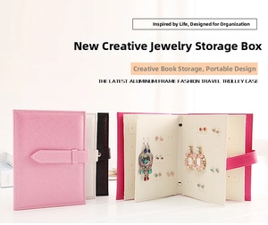 Macro view of portable book-style jewelry box with earring holes in multiple colors