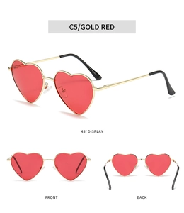 Three views of heart-shaped sunglasses with gold metal frames and red lenses