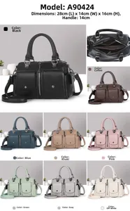 Detailed dimensions and 8 available colors for the litchi pattern Boston handbag