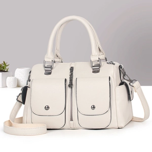 Women Boston Handbag PU Leather Lychee Pattern Multi-Pocket Crossbody Shoulder Bag Street Trend Stylish
