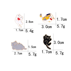 Detailed view of cat enamel pin dimensions and weights for four cute animal designs