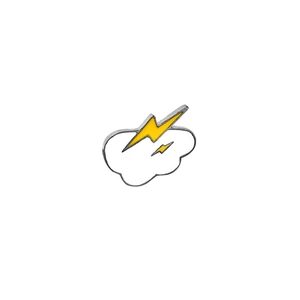 Detail of white cloud and yellow lightning metal brooch with silver metallic frame