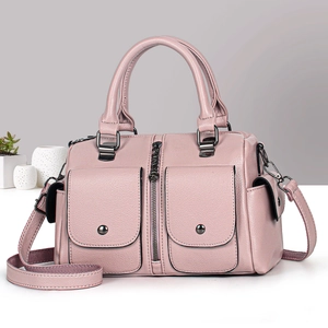 Pink litchi grain leather tote bag with dual front pockets and adjustable strap for women