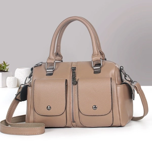Taupe pebbled leather handbag with dual handles and crossbody strap for women