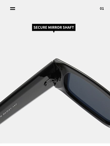 Detailansicht der Metallscharniere und Größenangaben der schwarzen Quadratsonnenbrille