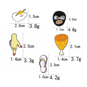 Set of 5 colorful cartoon enamel pins including lightning, hand, and slippers with size info