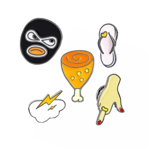 Set of 5 colorful enamel pins featuring slipper, lightning cloud, and novelty gesture shapes