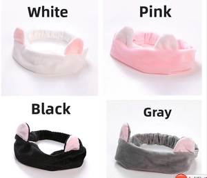 Cat ear plush headbands in white, pink, black, and gray for skincare and makeup