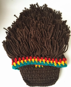 Detailed handmade crochet wig hat with vibrant colorful stripes and textured brown knit