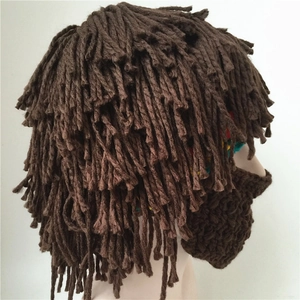 Side view of handmade brown knit wig hat with integrated beard and fringe detail