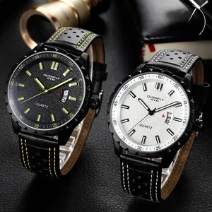 Close-up of dual business quartz watches with leather straps and date display feature