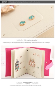 Detail view of pink leather jewelry organizer book with multi-page earring storage pages