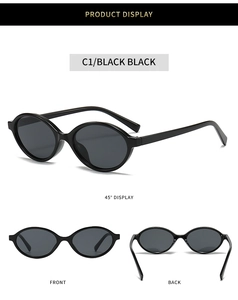 Detailed views of vintage oval sunglasses in polished black showing multiple angles