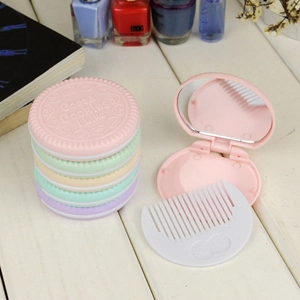 Mini chocolate cookie portable mirror and comb set in pastel colors for travel