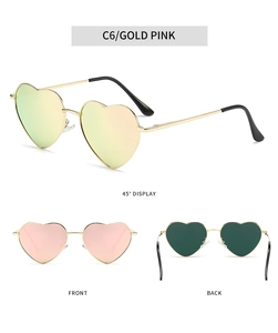 Three views of heart shaped sunglasses with gold metal frames and pink mirrored lenses