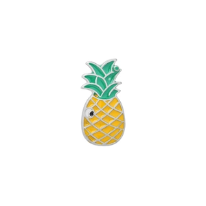 Cute cartoon pineapple enamel brooch with green leaves and yellow fruit on white background