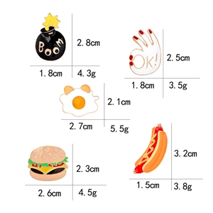 Funny enamel pins set featuring burger hotdog bomb and egg with size measurements