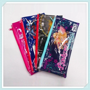 Close-up of clear PVC zipper pouches with colorful flower patterns and top handle