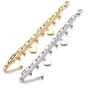 Double-layered stainless steel heart bracelet set with adjustable chain in gold and silver