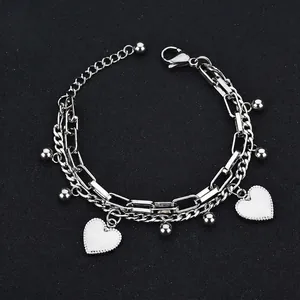 Double-layer stainless steel heart bracelet with ball charm and adjustable lobster clasp
