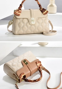 Detail of cream quilted tote bag featuring a decorative silk scarf handle and gold hardware