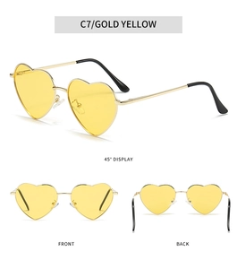 Three-way view of heart sunglasses in gold metal frame with bright yellow lenses