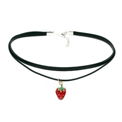 Close-up of double-layer black choker necklace with red strawberry pendant and silver clasp