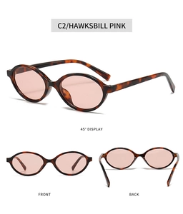 Three-angle view of oval tortoiseshell sunglasses with transparent pink lenses