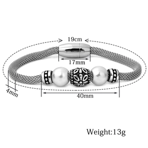 Bracciale a catena in rete d'acciaio inossidabile argento con perle bianche e perline vintage