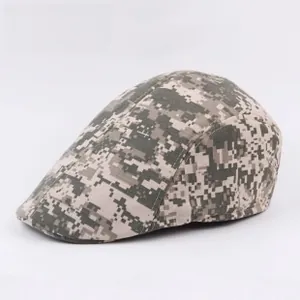 Detail view of cotton flat cap with digital camouflage pattern for outdoor wear