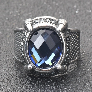Vintage 18mm stainless steel ring with large oval blue sapphire and textured silver band