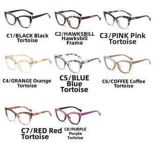 Multiple colors of cat eye glasses frames including black and various tortoiseshell patterns