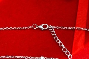 Detailed macro view of silver necklace lobster clasp and adjustable extension chain