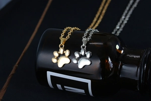 Detail of gold and silver paw print pendant necklaces hanging on a glass bottle