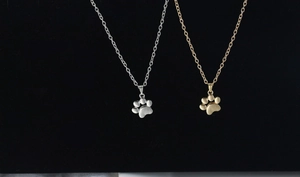Detailed view of two cute cat paw necklaces in gold and silver finish on black background