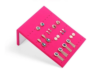 Close-up of rose red velvet L-shaped earring display stand with multi-hole design