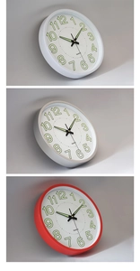Macro shot of luminous round quartz wall clock available in white, silver and red finishes