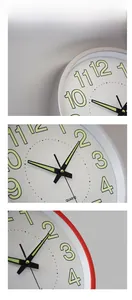 Detailed close-up of luminous hands and large Arabic numerals on a 12-inch wall clock