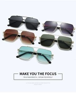 Detailed flat lay of square metal sunglasses in five trendy gradient lens colors