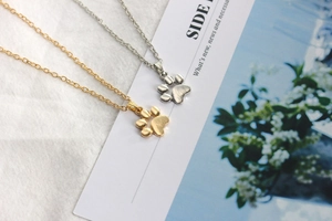 Detailed view of cute cat paw necklaces in gold and silver finishes on a magazine