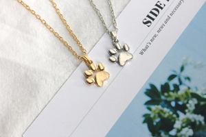 Close-up of gold and silver plated necklaces with cute paw print pendants on a stylish background