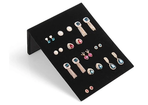 L-shaped black velvet earring display stand with multiple holes for jewelry storage