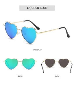 Multi-angle view of heart-shaped sunglasses with gold frames and blue reflective lenses