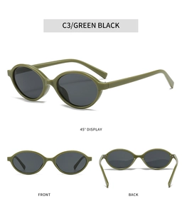 Detail view of oval olive green sunglasses showing front, back, and 45-degree angles